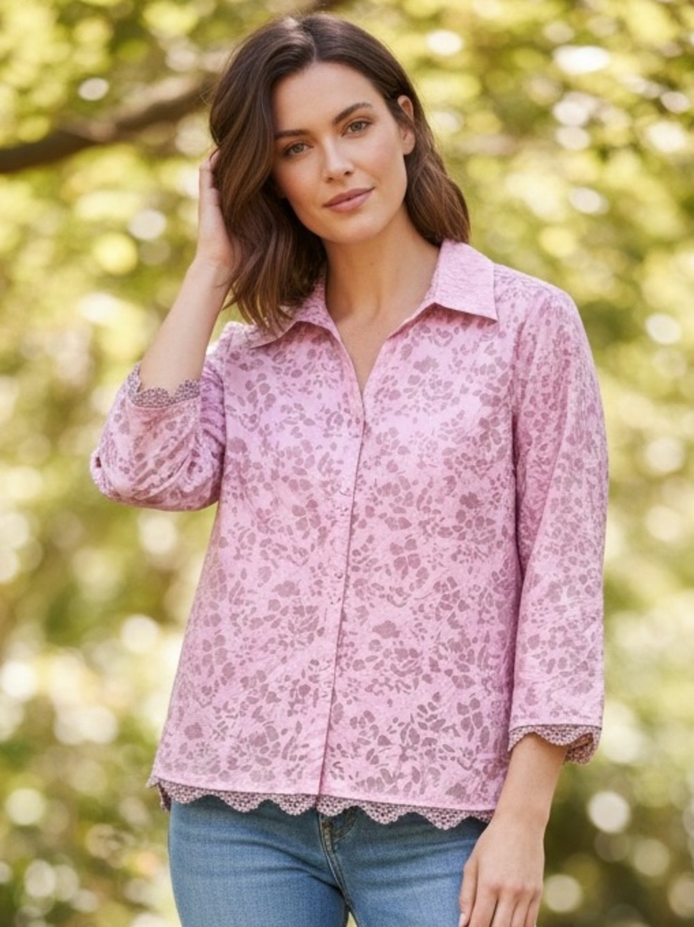 JH Collectibles Floral Sheer Burnout Lace Hem 3/4 Sleeve Button Down Top, Large